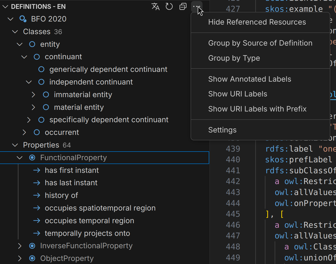 Screenshot of the Definitions Tree in Visual Studio Code