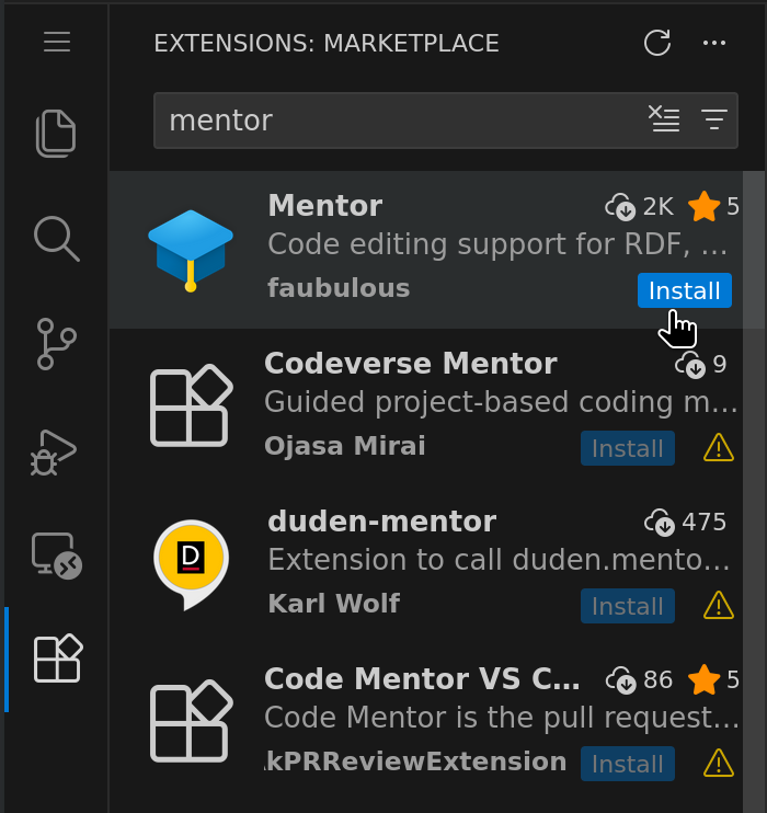 Screenshot of the Extensions panel in Visual Studio Code