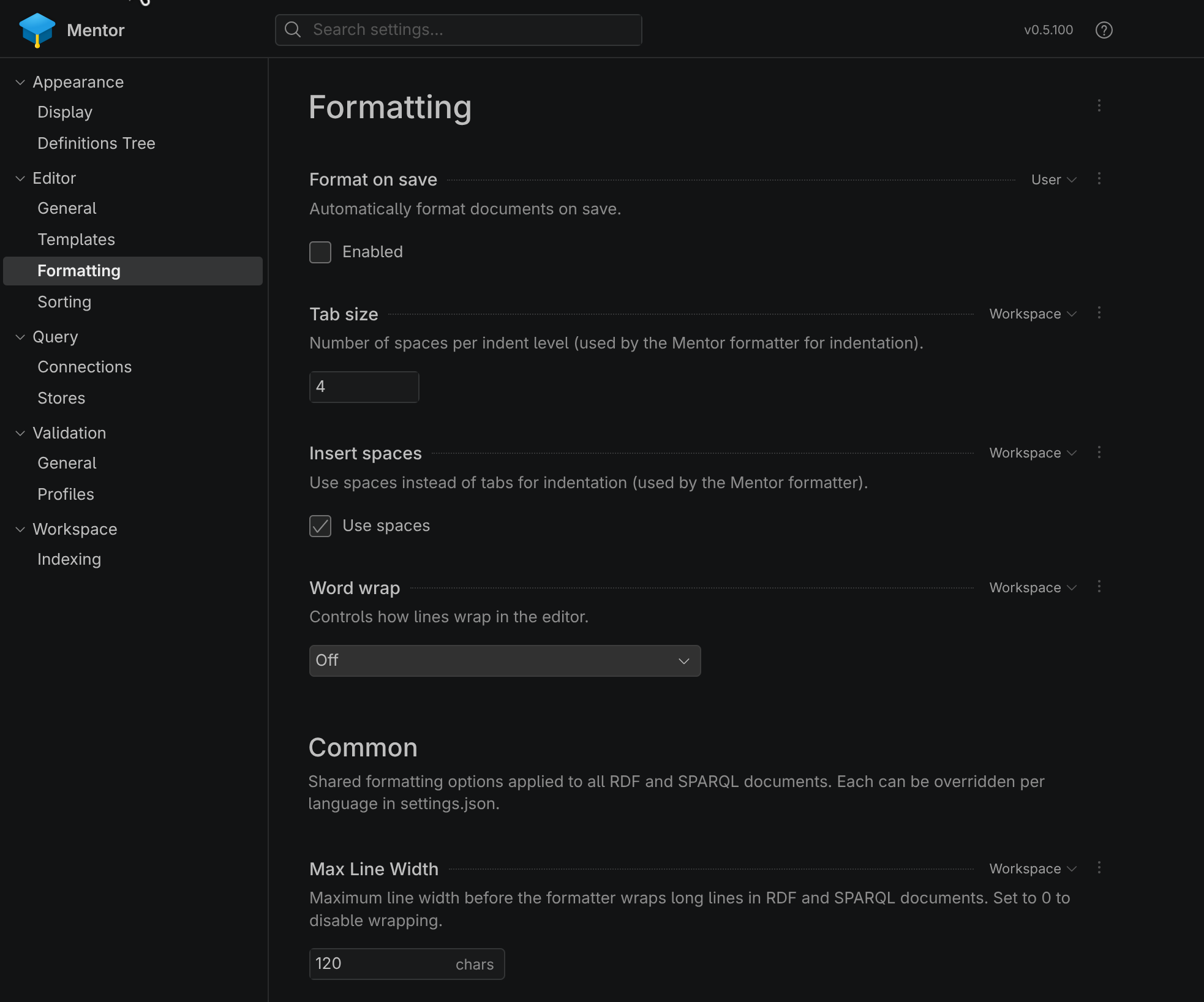 Screenshot of the Syntax Formatting settings in Visual Studio Code