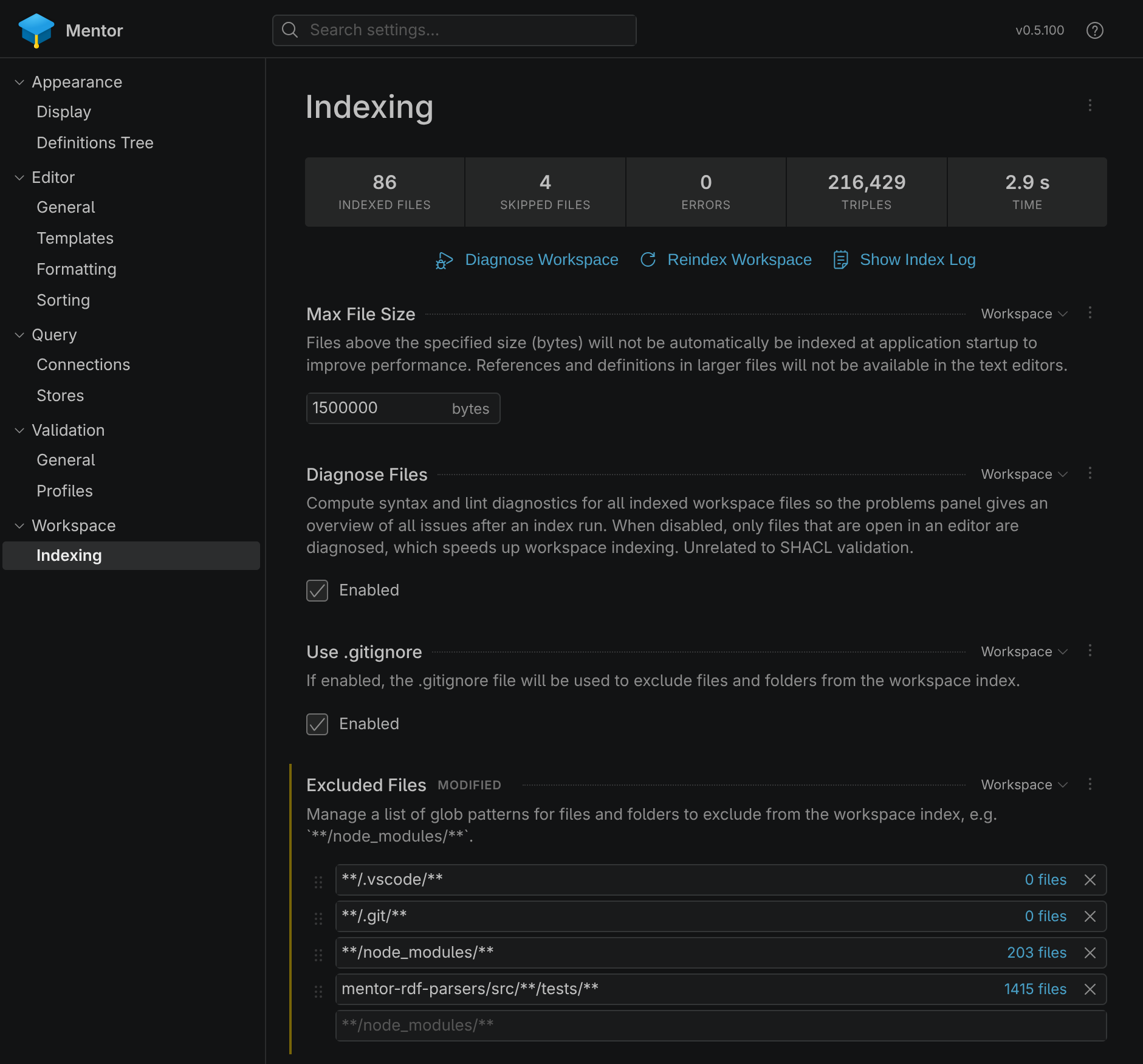 Screenshot of the Indexing settings page