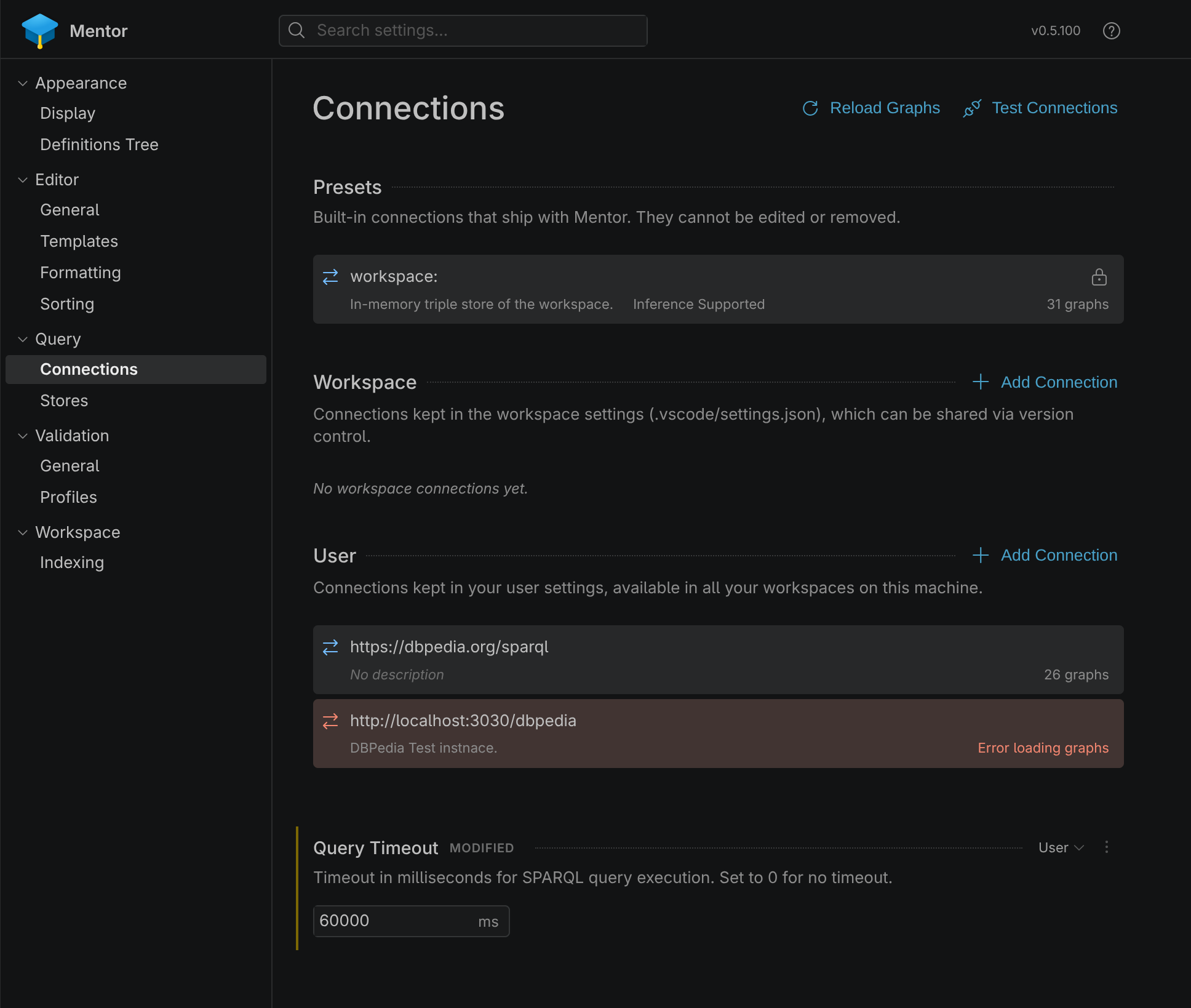 Screenshot of the SPARQL Connections Settings in Visual Studio Code
