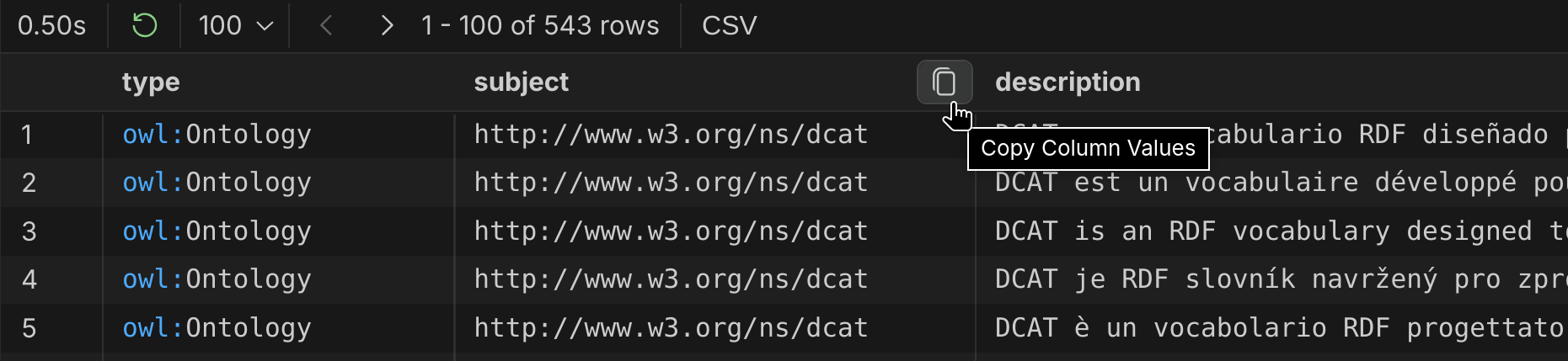 Screenshot of SPARQL Select results