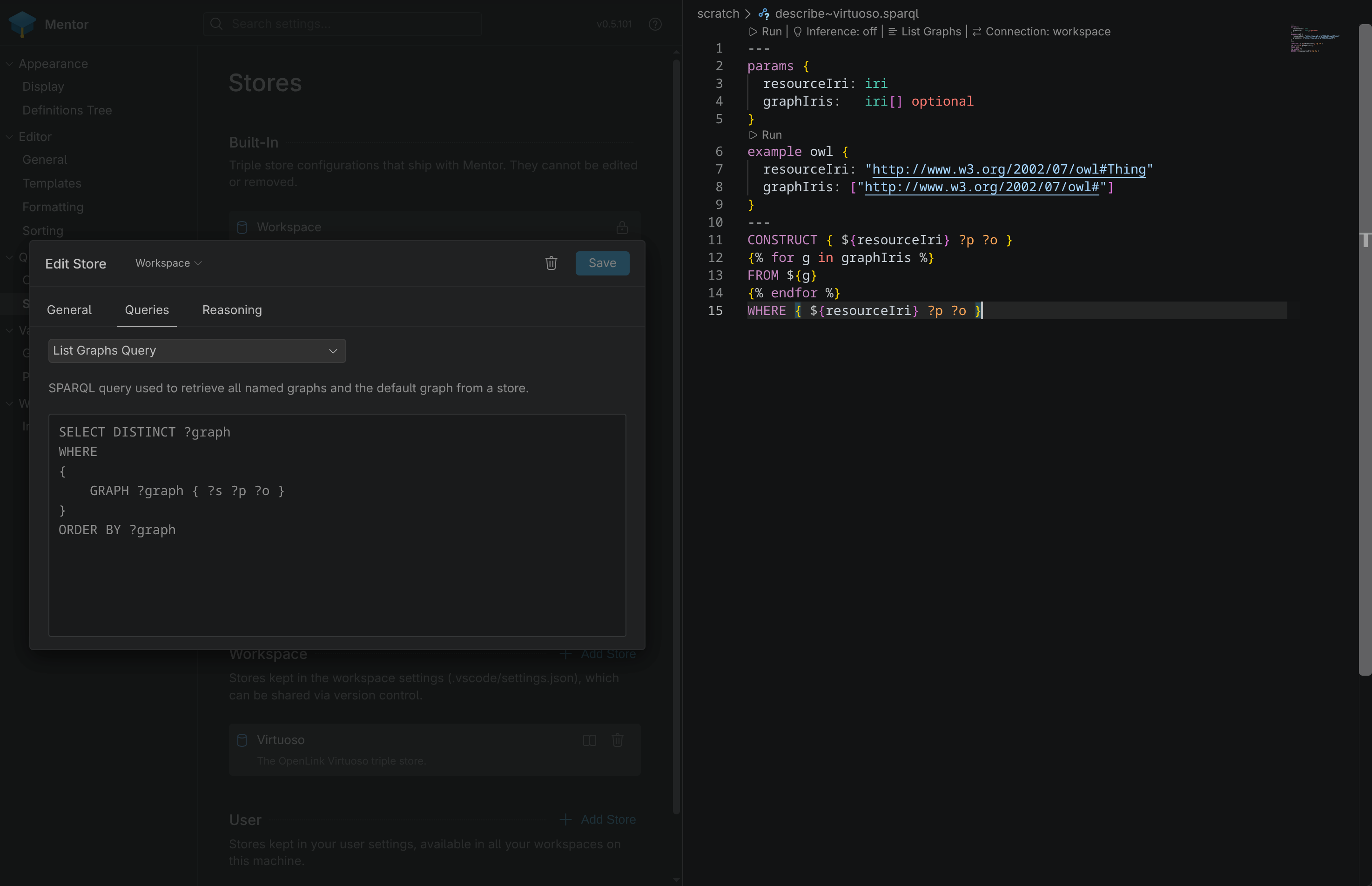 A query template opened in an editor next to the Mentor settings