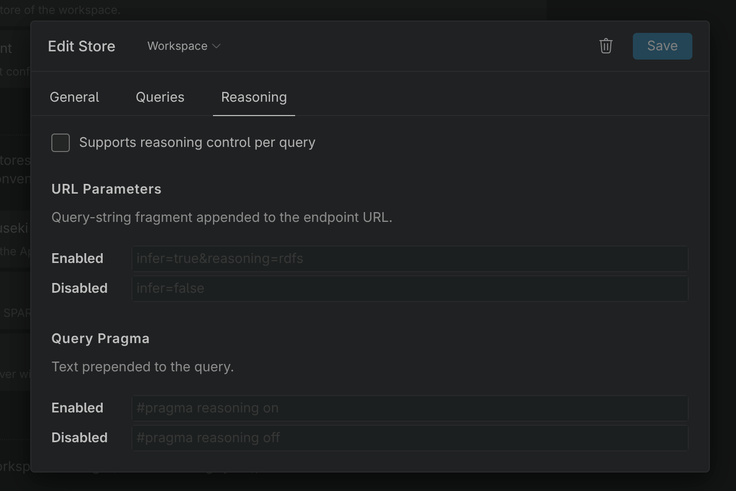 Reasoning settings of a SPARQL store