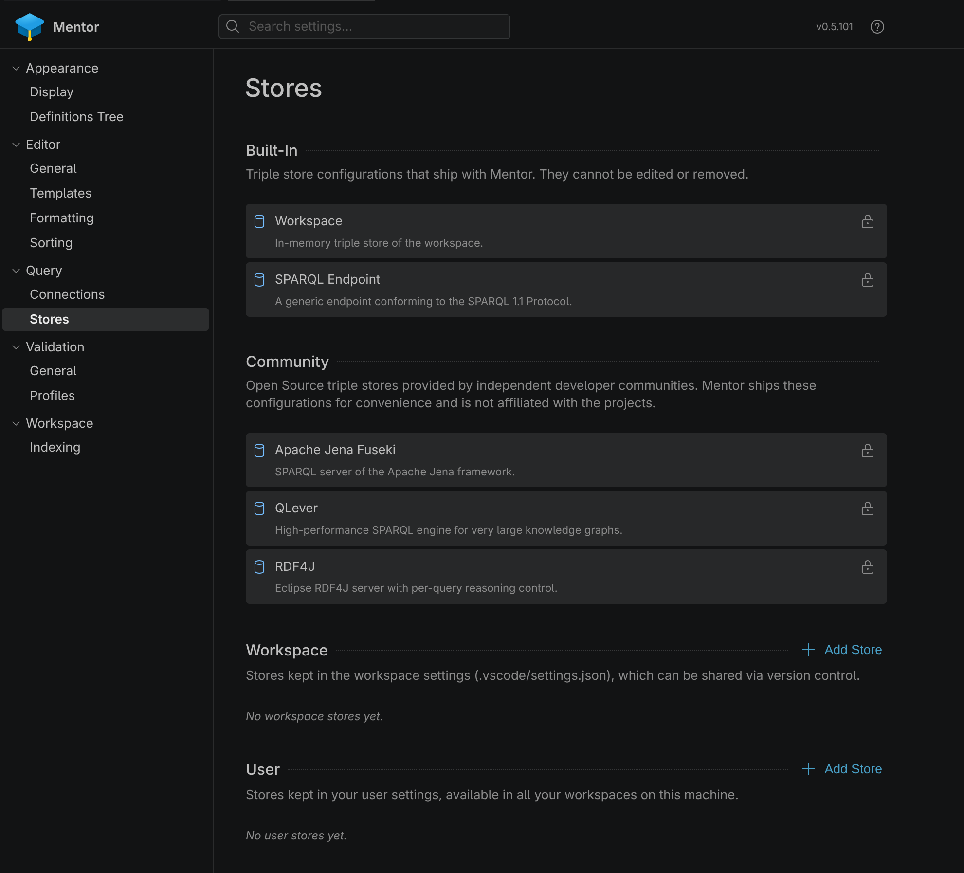 Screenshot of the SPARQL Store Settings in Visual Studio Code
