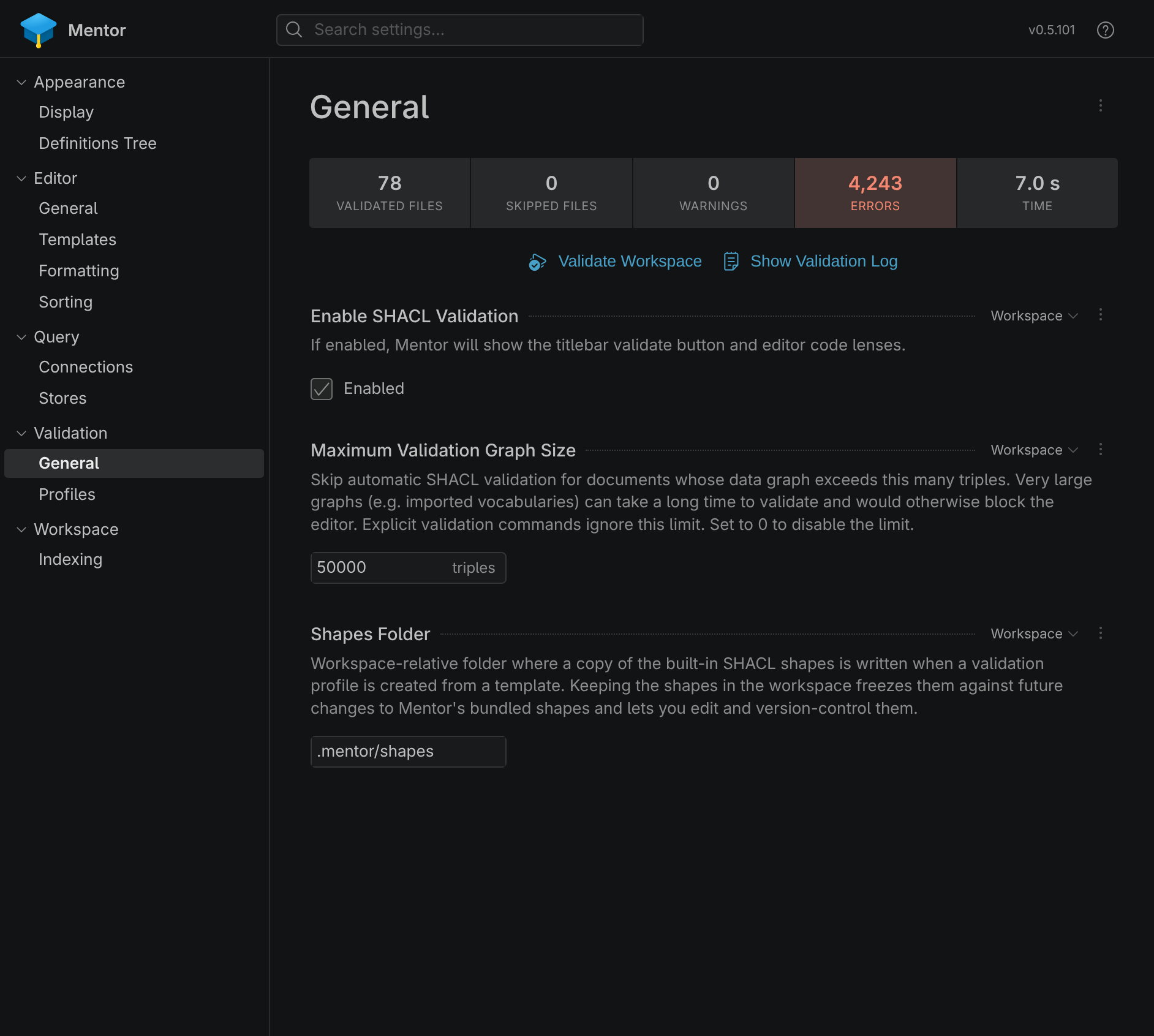 Screenshot of the Validation General settings in Visual Studio Code