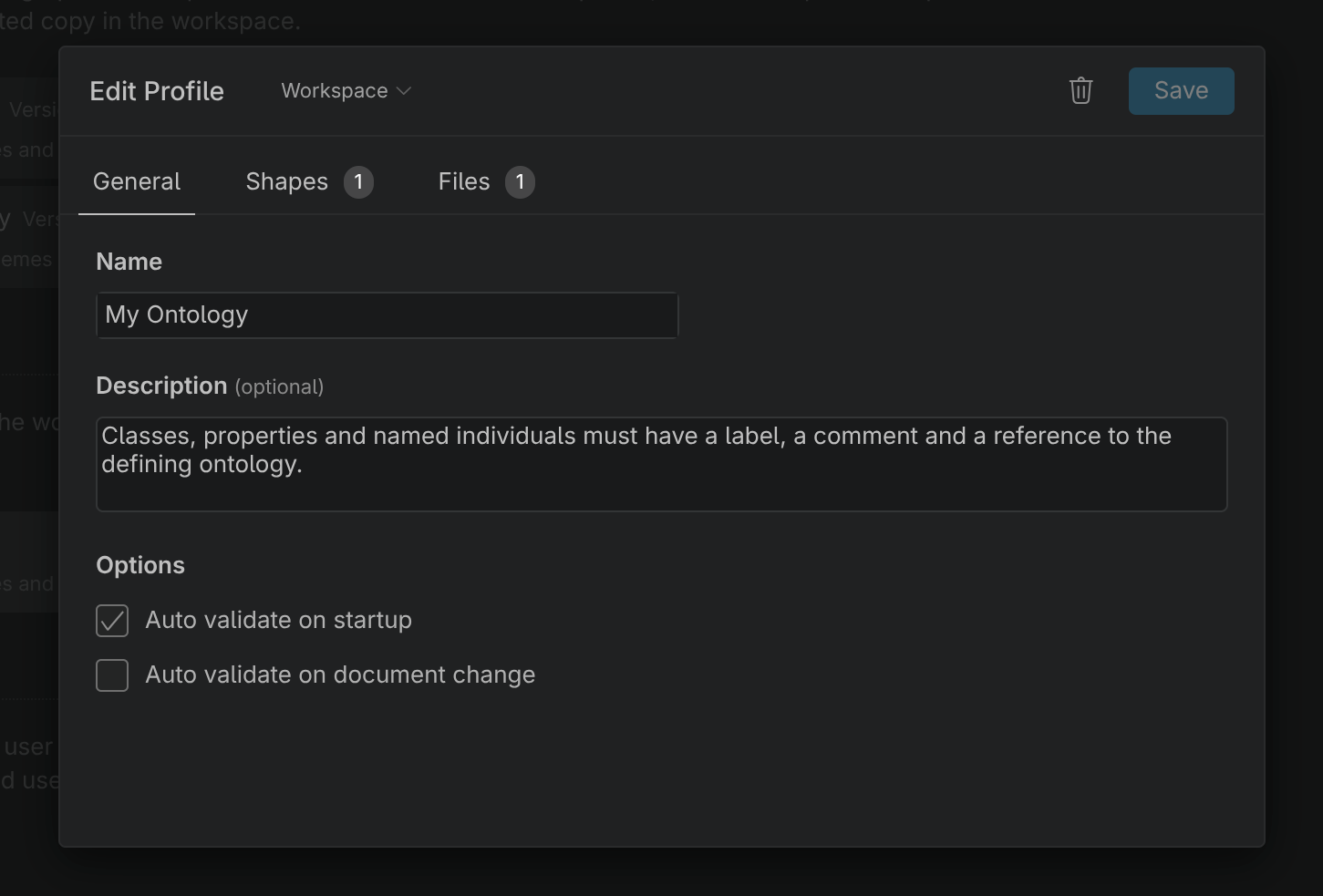 Validation profile dialog