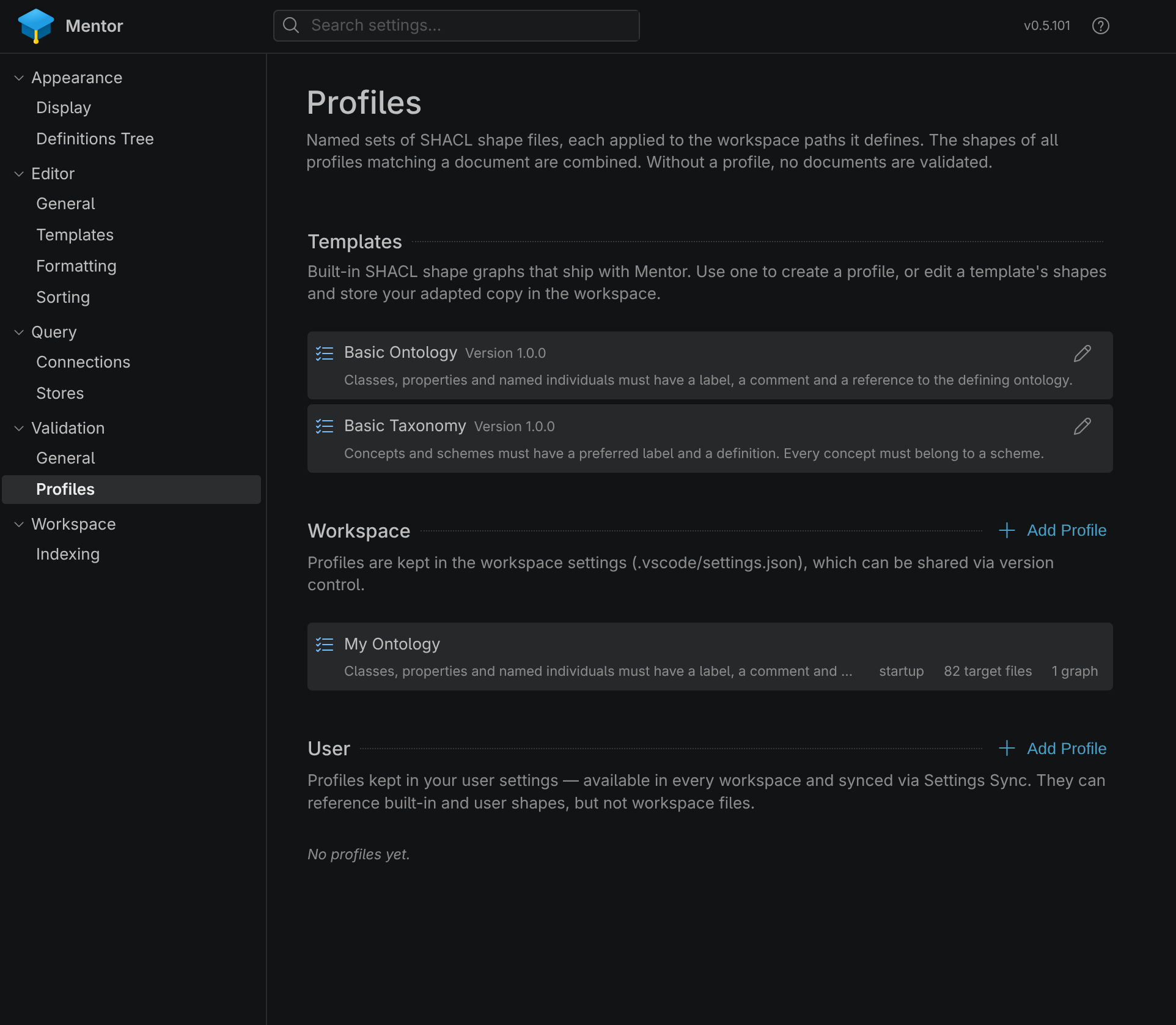 Screenshot of the Validation Profiles settings in Visual Studio Code