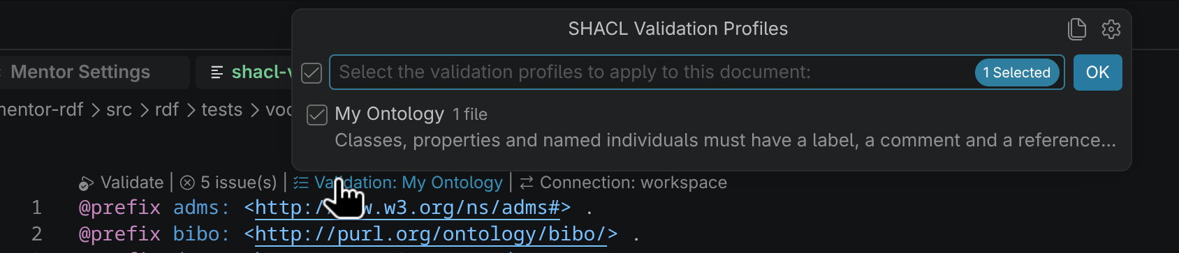 Configure SHACL Shapes quick pick